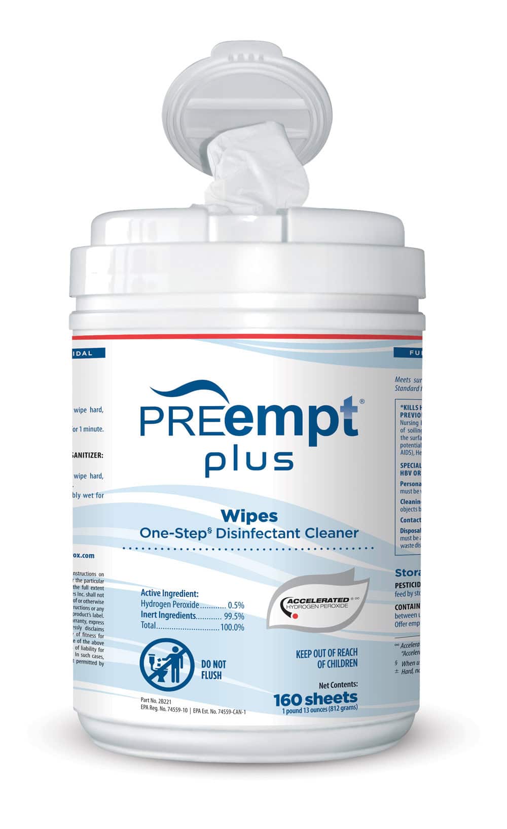 bucket of Preempt Plus disinfectants wipes